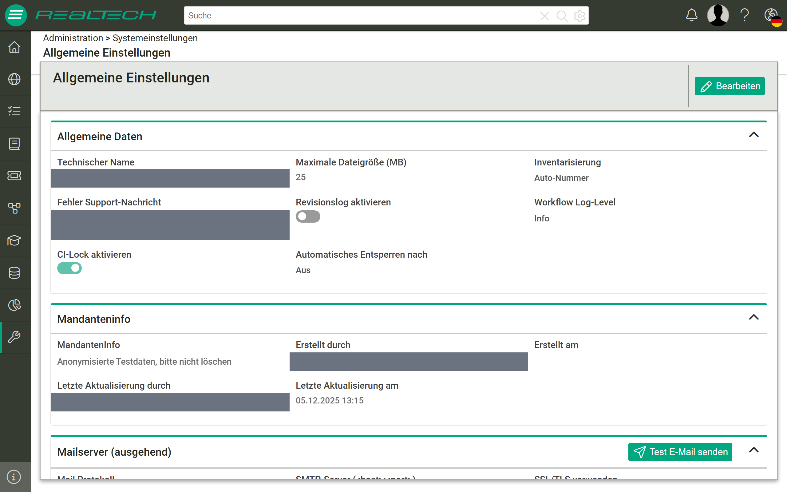 Seite „Allgemeine Einstellungen" mit den Abschnitten „Allgemeine Daten" (Technischer Name, Maximale Dateigröße, Inventarisierung, Fehler Support-Nachricht, Revisionslog aktivieren, Workflow Log-Level, CI-Lock aktivieren, Automatisches Entsperren nach), „Mandanteninfo" und „Mailserver (ausgehend)"; oben rechts die Schaltfläche „Bearbeiten". Mandantenspezifische Werte sind in dieser Abbildung unkenntlich gemacht