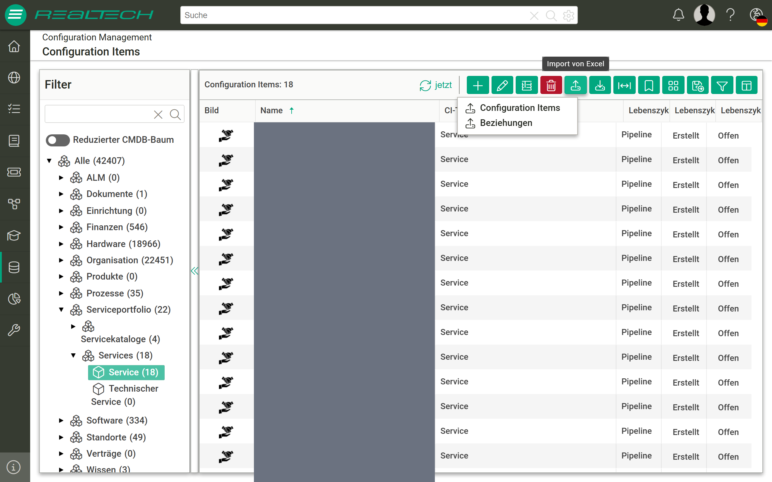 CI-Liste mit geöffnetem Menü „Import von Excel" und den beiden Einträgen „Configuration Items" und „Beziehungen"; links der CMDB-Baum mit den CI-Kategorien, rechts die Tabelle der Configuration Items, deren Namensspalte für die Dokumentation geschwärzt ist