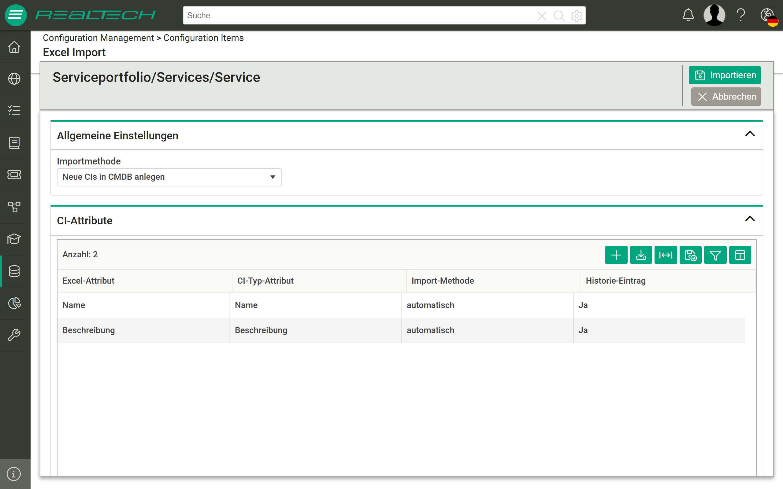 Ansicht „Excel Import" für den CI-Typ „Serviceportfolio/Services/Service": oben der Bereich „Allgemeine Einstellungen" mit der Auswahlliste „Importmethode" (Wert „Neue CIs in CMDB anlegen"), darunter der Bereich „CI-Attribute" mit der Zuordnungstabelle und den Spalten „Excel-Attribut", „CI-Typ-Attribut", „Import-Methode" und „Historie-Eintrag"; oben rechts die Schaltflächen „Importieren" und „Abbrechen"