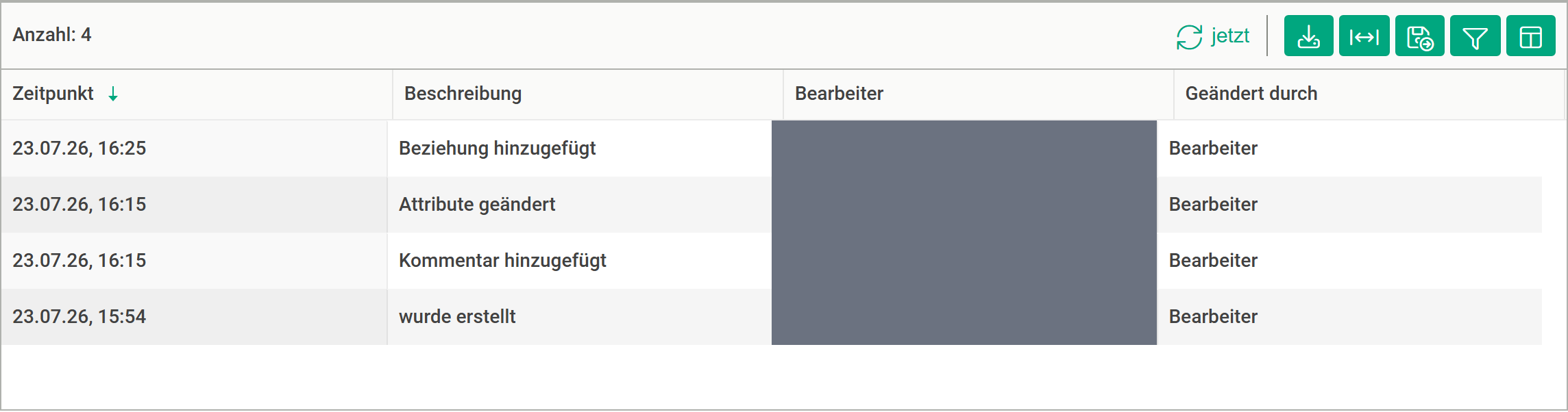 Tabelle der Änderungshistorie mit den Spalten „Zeitpunkt", „Beschreibung", „Bearbeiter" und „Geändert durch"; die Einträge sind absteigend nach Zeitpunkt sortiert. Die Spalte „Bearbeiter" ist für die Dokumentation geschwärzt