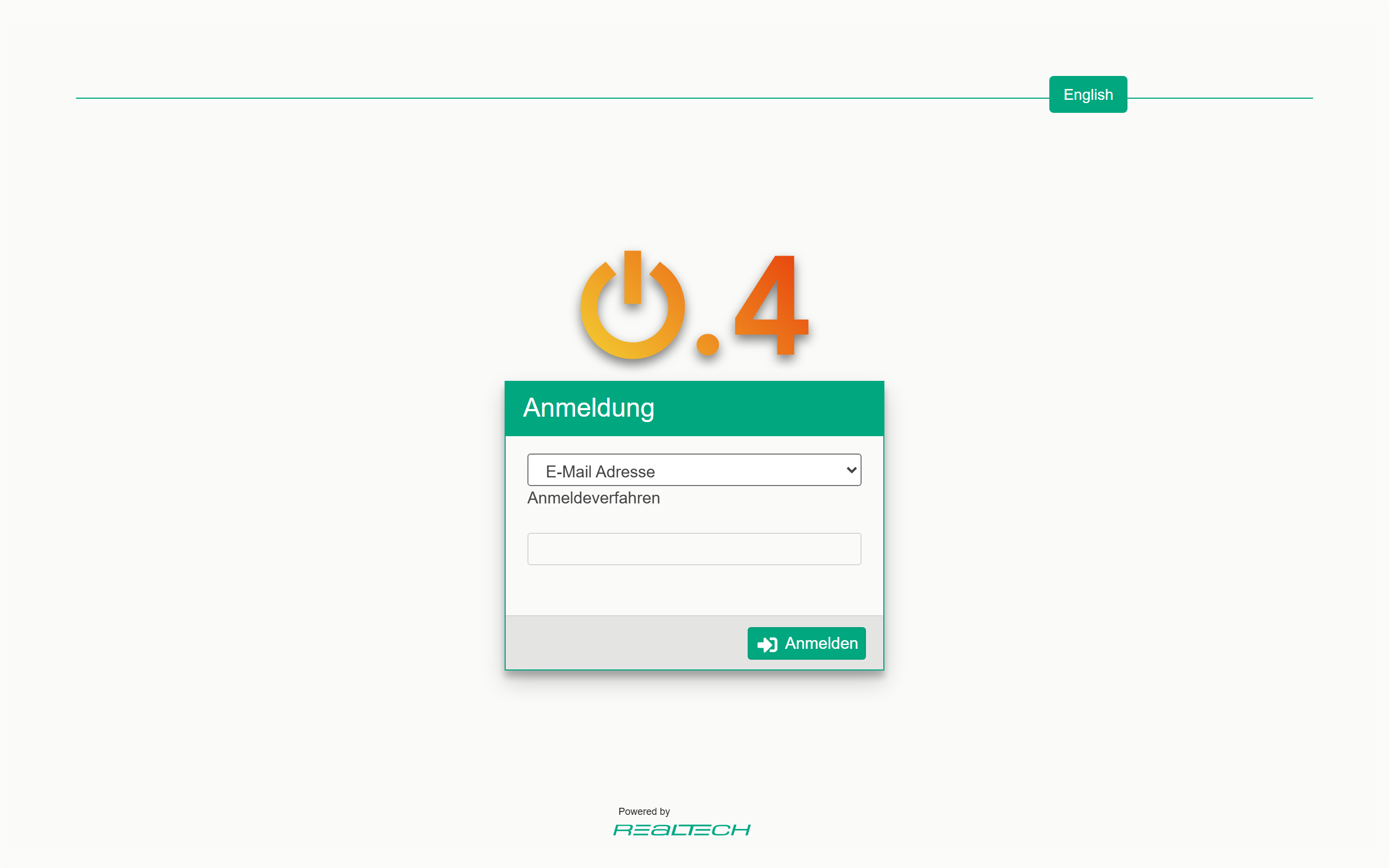 Anmeldedialog „Anmeldung": das Auswahlfeld „Anmeldeverfahren" mit dem Wert „E-Mail Adresse", darunter das leere Eingabefeld und die Schaltfläche „Anmelden"