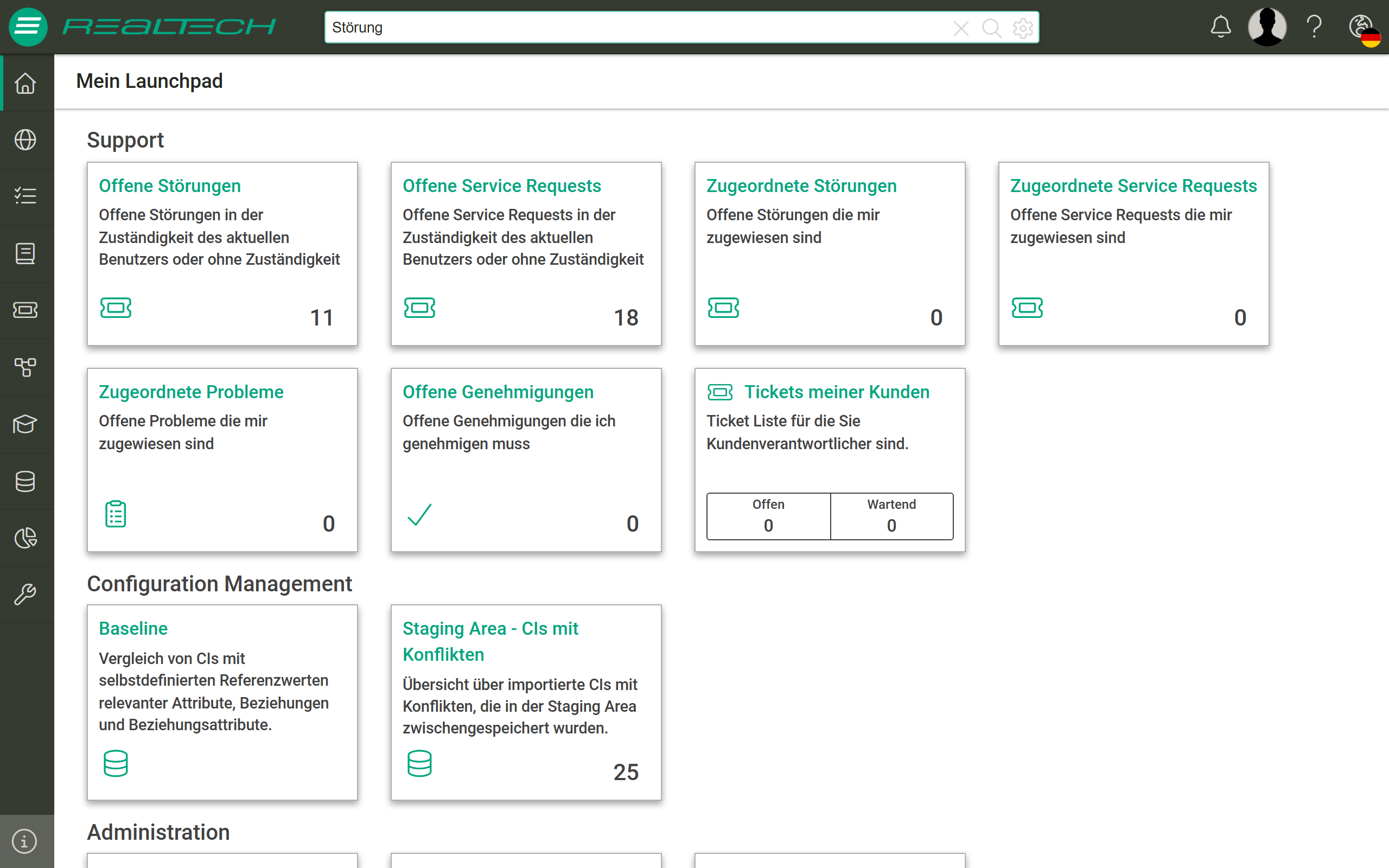 Startseite „Mein Launchpad": oben die Kopfleiste mit Logo, Suchleiste, Glocken-, Benutzer-, Hilfe- und Sprachsymbol, links die eingeklappte Navigationsleiste, in der Mitte die nach „Support" und „Configuration Management" gruppierten Kacheln, jeweils mit Titel, Kurzbeschreibung und Zähler; die Gruppe „Administration" ist am unteren Bildrand angeschnitten. Im Suchfeld der Kopfleiste steht noch der Suchbegriff einer vorangegangenen Eingabe