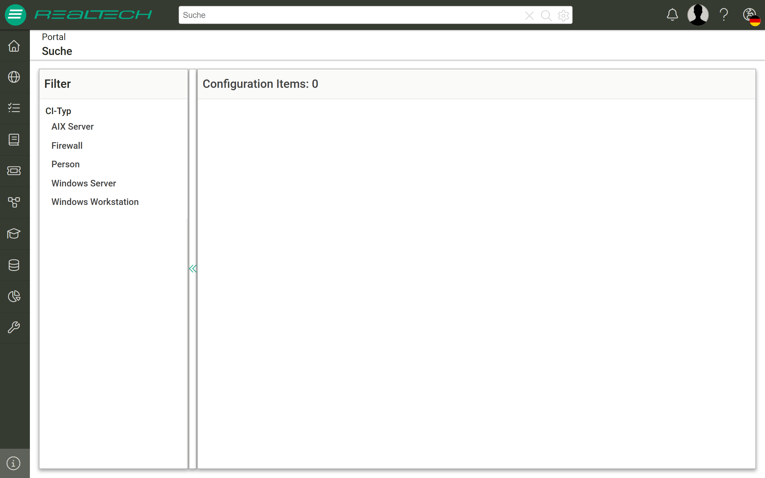 Portal-Ansicht „Suche": links der Bereich Filter mit der Mehrfachauswahl „CI-Typ" und den Einträgen „AIX Server", „Firewall", „Person", „Windows Server" und „Windows Workstation"; rechts der Ergebnisbereich mit der Überschrift „Configuration Items: 0"