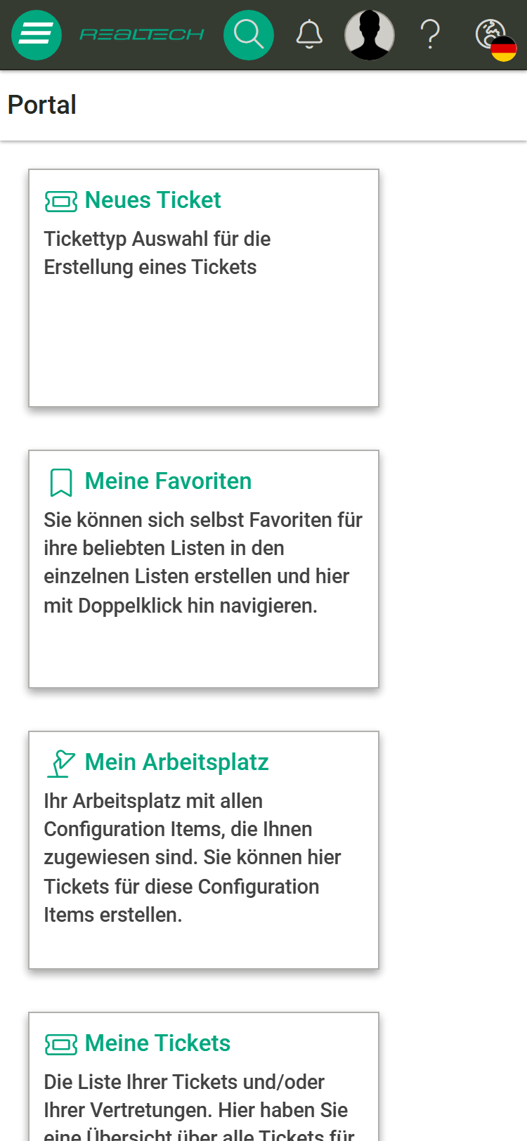 Portal-Übersichtsseite im schmalen Mobile-Viewport: Die Kacheln „Neues Ticket", „Meine Favoriten", „Mein Arbeitsplatz" und „Meine Tickets" stehen einspaltig untereinander; die Kopfleiste enthält Menü-Symbol, Lupe, Benachrichtigungen, Profil, Hilfe und Sprachauswahl