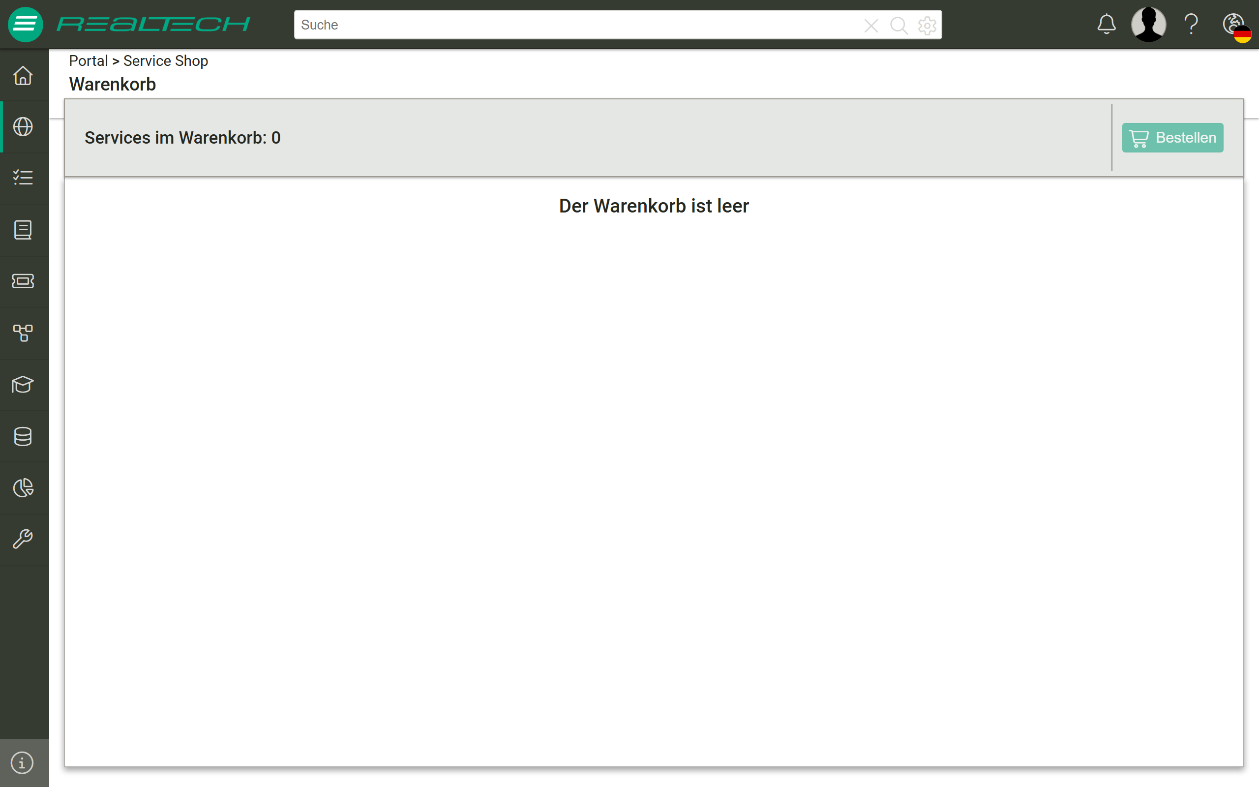 Warenkorb im Portal: Kopfzeile „Services im Warenkorb: 0" und rechts die Schaltfläche „Bestellen"; im Inhaltsbereich steht „Der Warenkorb ist leer"