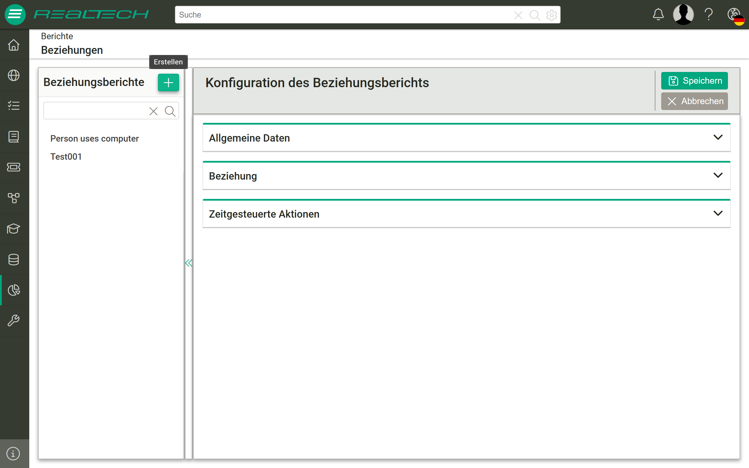 „Konfiguration des Beziehungsberichts" mit den zugeklappten Abschnitten „Allgemeine Daten", „Beziehung" und „Zeitgesteuerte Aktionen" sowie den Schaltflächen „Speichern" und „Abbrechen"