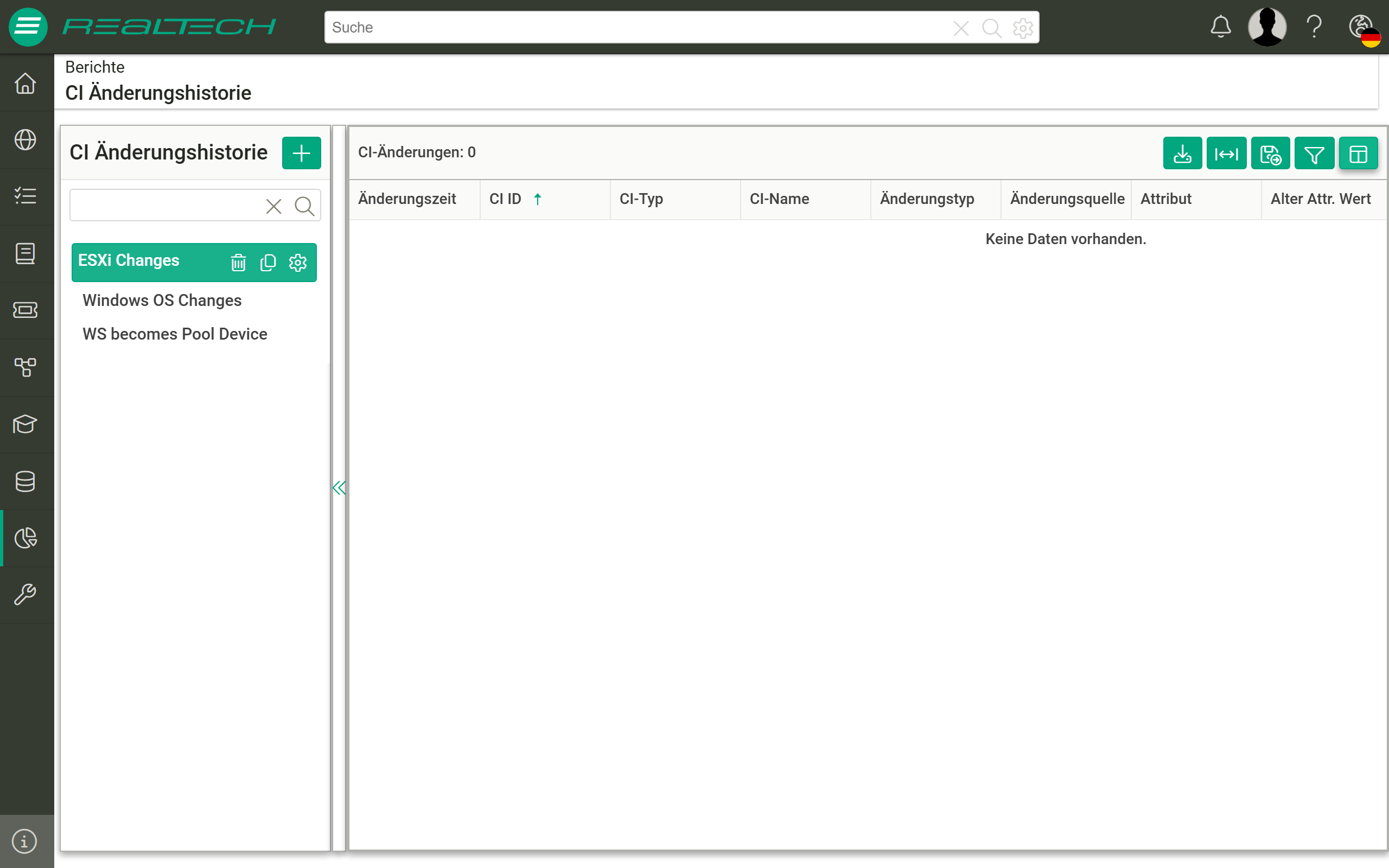 Ausgewählter Bericht „ESXi Changes" (grün markiert); rechts die Ergebnistabelle mit den Spalten „Änderungszeit", „CI ID", „CI-Typ", „CI-Name", „Änderungstyp", „Änderungsquelle", „Attribut" und „Alter Attr. Wert" – im Beispiel ohne Treffer