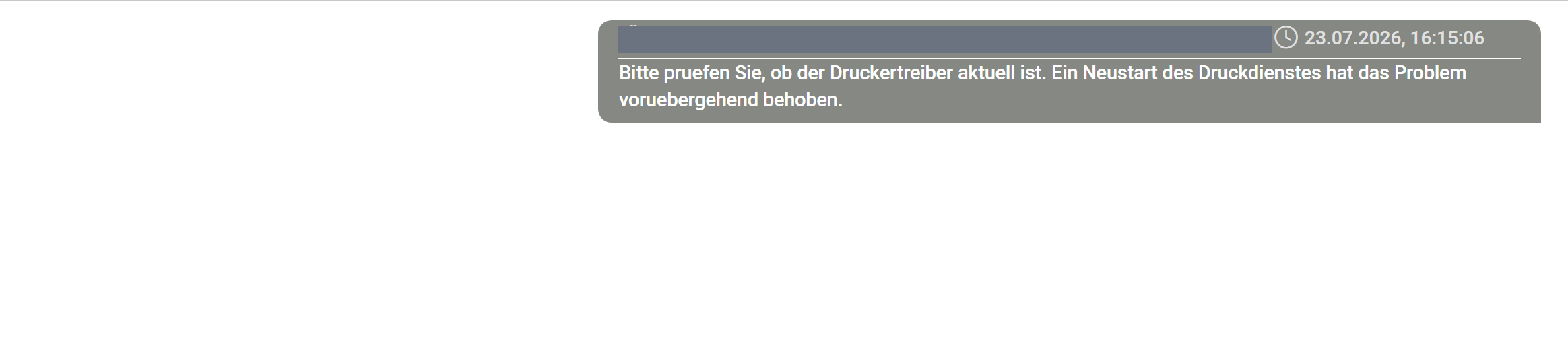 Gespeicherter Kommentar im Bereich „Kommentare": grauer Kommentarblock mit Zeitstempel („23.07.2026, 16:15:06") und Kommentartext; die Verfasserzeile ist für diese Dokumentation grau überdeckt