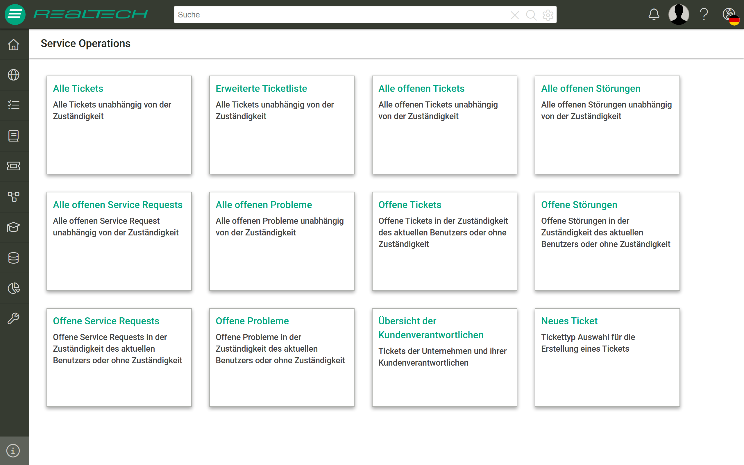 Übersichtsseite „Service Operations" mit Kacheln für die Ticket-Listen „Alle Tickets", „Erweiterte Ticketliste", „Alle offenen Tickets", „Alle offenen Störungen", „Alle offenen Service Requests", „Alle offenen Probleme", „Offene Tickets", „Offene Störungen", „Offene Service Requests", „Offene Probleme", „Übersicht der Kundenverantwortlichen" sowie der Kachel „Neues Ticket"; jede Kachel trägt eine kurze Beschreibung